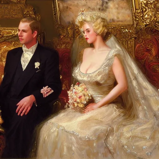 Image similar to painting of prince william marrying attractive marilyn monroe, painting at the victoria and albert museum, highly detailed painting by gaston bussiere, craig mullins, j. c. leyendecker 8 k