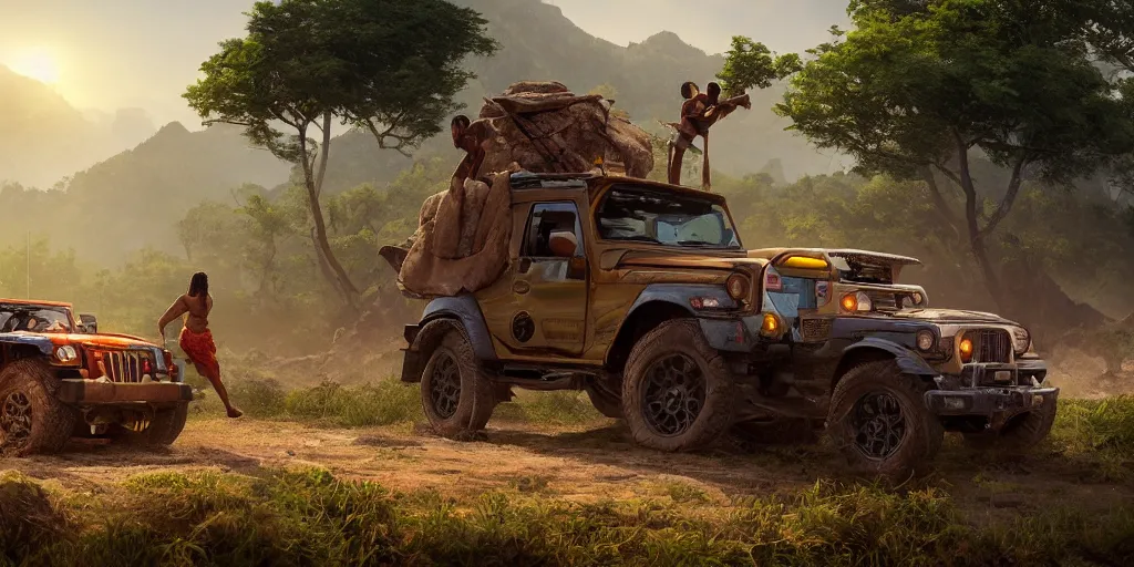 Image similar to Mahindra thar, tribe members attacking, action scene, Lively sunny landscape of a kerala village realistic detailed digital art by Maxwell Boas Jessica Rossier Christian Dimitrov Anton Fadeev trending on Artstation CGSociety rendered in Unreal Engine 4k HQ