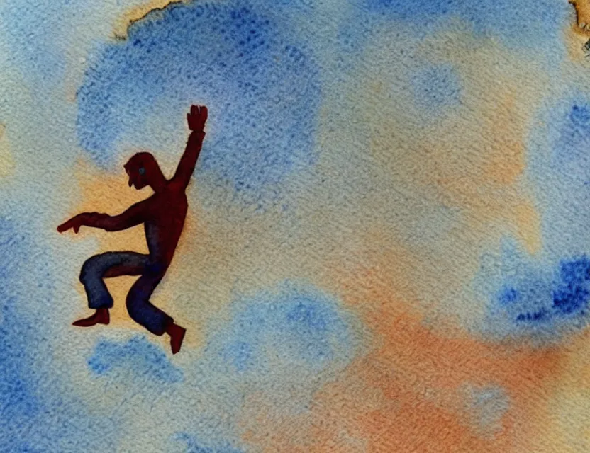 Prompt: small figure of a man dancing on top of planet earth, watercolor painting by an award winning comic artist has a beautiful composition and intricate details