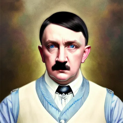 Image similar to Portrait of magical Adolf Hitler, very very very very pale white skin, dreamy and ethereal, pastel blue eyes, peaceful expression, ornate frilly regal shirt, fantasy, intricate, elegant, dynamic lighting, highly detailed, digital painting, artstation, concept art, smooth, sharp focus, illustration, art by artgerm and greg rutkowski and alphonse mucha
