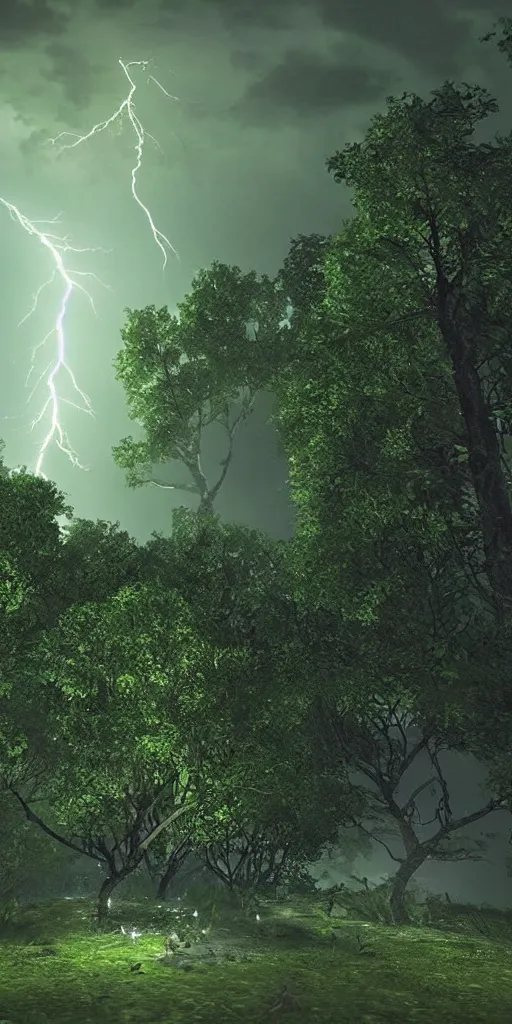 Prompt: an extreme thunder storm where lightning light up the night sky, Dark fantasy, unreal engine, realistic, green, forest, night sky,