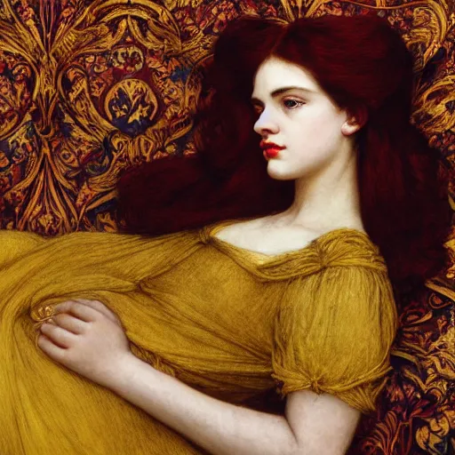 Prompt: preraphaelite photography reclining on bed, a hybrid of judy garland and a hybrid of lady gaga and lucy hale, aged 2 5, big brown fringe, wide shot, yellow ochre ornate medieval dress, john william waterhouse, kilian eng, rosetti, john everett millais, william holman hunt, william morris, 4 k