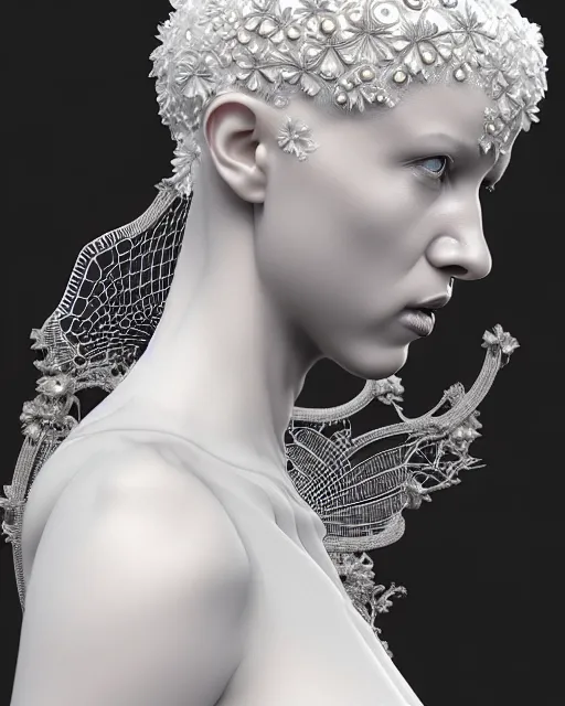 Image similar to bw 3 d render, stunning beautiful young angelic cute biomechanical albino female cyborg with a porcelain profile face, rim light, big leaves and stems, roots, fine foliage lace, alexander mcqueen, art nouveau fashion embroidered, steampunk, silver filigree details, hexagonal mesh wire, mandelbrot fractal, elegant, artstation trending