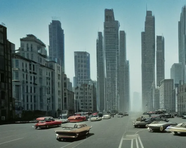 Image similar to a group of cars driving down a street next to tall buildings, a matte painting by andrey yefimovich martynov, pixiv, superflat, streetscape, anamorphic lens flare, photo taken with ektachrome