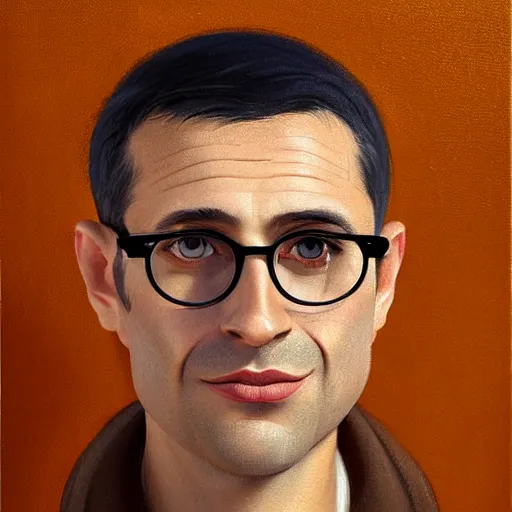 Prompt: 40 year old brunette man with very short hair, round face, circle face, circular face, wide face, big chin , romanian, silver small glasses, romanian heritage, brown eyes, brown smiling eyes, olive skin, round nose, round chin, clean shaven wide face, thin lips, digital art, concept art, cgsociety, painterly, painting, 8k, illustration, painting, dramatic, beautiful, art by loish loish loish, cartoon, stylized painterly, trending on artstation, medium shot, uncropped