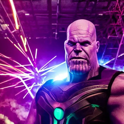 Image similar to photo of Thanos is djing at an underground warehouse rave, he is looking very worried. award winning, atmosphere, coloured lasers and stage lighting, stage smoke, 1x