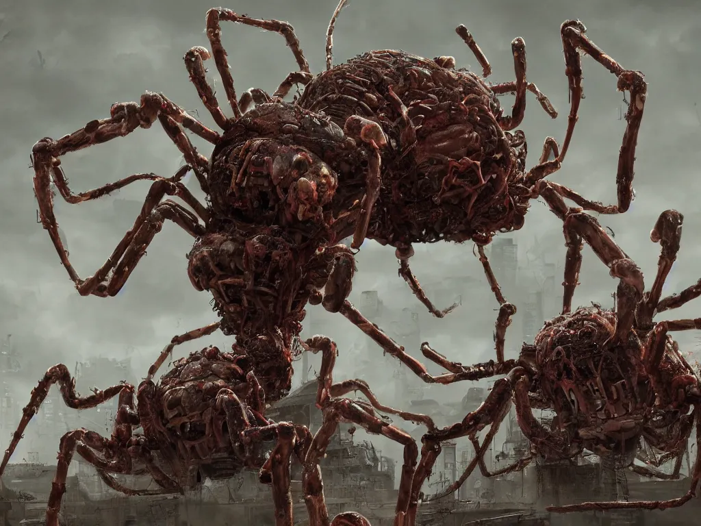 Prompt: Techno-biological meat spider panzer tank with double long barrel walks through the ruins. Consisting of tumors, veins, guts, kidneys, wires, long spider paws. Bodyhorror, biopunk, extremely high detail, ultra realistic, photorealism, concept art, octane render, view from a distance, 8k, 16k