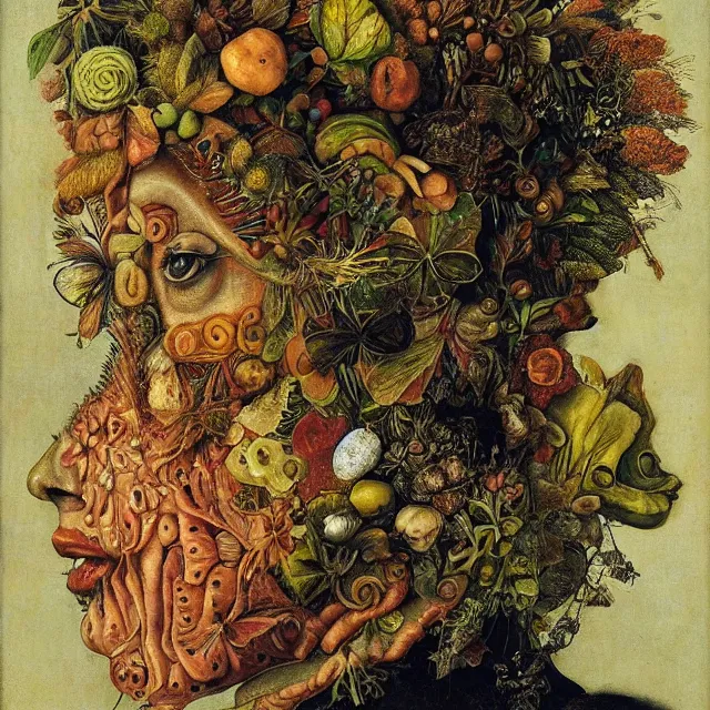 Prompt: profile portrait of a woman, leaves, by giuseppe arcimboldo,, psychedelic, surreal, sci - fi, dreamlike.