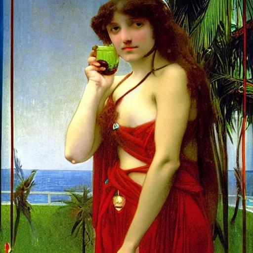 Image similar to Girl with a blood dripping chalice at the palace, thunderstorm, pool, beach and palm trees on the background major arcana sky, by paul delaroche, alphonse mucha and arnold böcklin arnold böcklin hyperrealistic 8k, very detailed