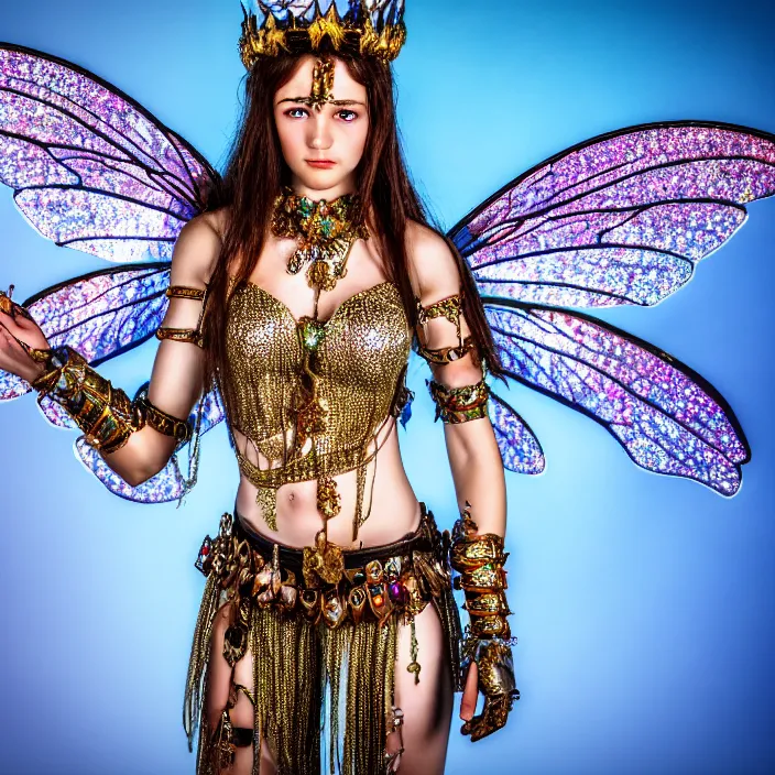 Image similar to full body photo of a very beautiful!! fairy queen with bejewelled armour, highly detailed, 4 k, hdr, smooth, sharp focus, high resolution, award - winning photo