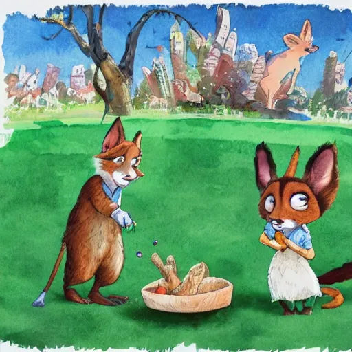 Prompt: Storybook illustration of anthropomorphic animal children playing in the park, watercolor style, Zootopia
