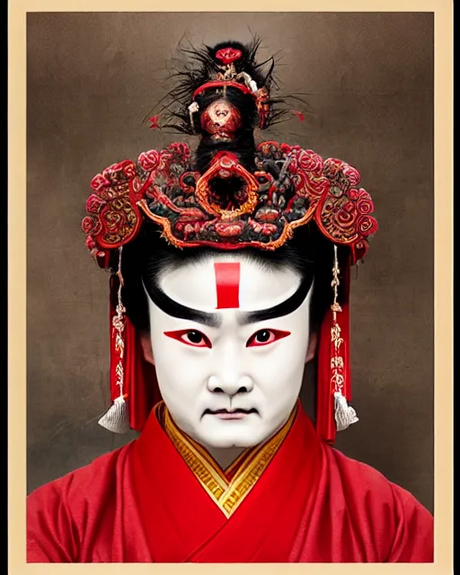 Prompt: photo of a Dramatic Peking Opera male character with hindi Sanskrit devanagari words painted on face in the style of stefan kostic, realistic, sharp focus, symmetric, 8k high definition, insanely detailed, intricate, elegant, art by stanley lau and artgerm, hindi manuscript, hindi font, William-Adolphe Bouguereau