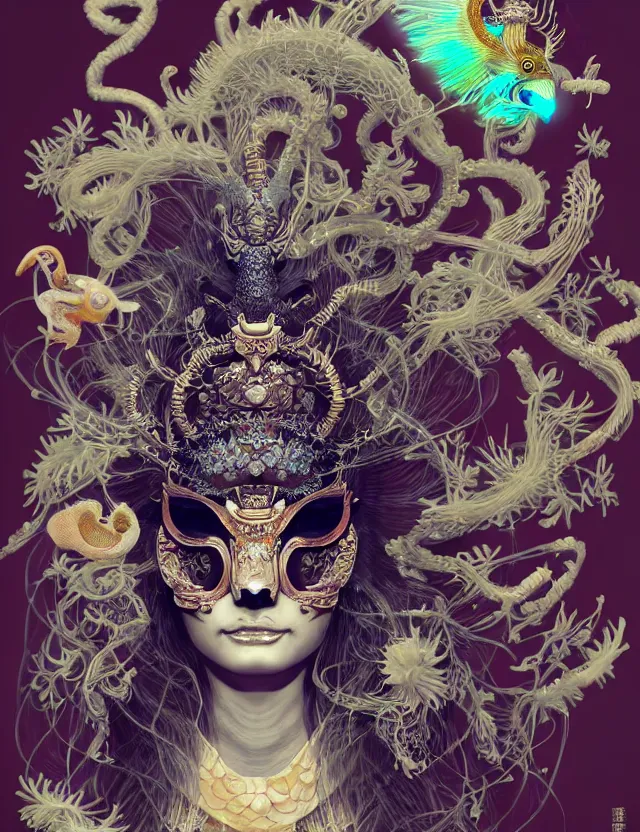 Image similar to goddess macro close - up portrait with crown, ram skull. beautiful intricately detailed japanese crow kitsune mask and clasical japanese kimono. betta fish, jellyfish phoenix, bioluminescent, plasma, ice, water, wind, creature, artwork by tooth wu and wlop and beeple and greg rutkowski