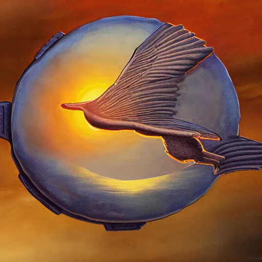 Prompt: a pancake with wings, flapping its wings flying in sunset sky, oil on canvas, portrait, intricate, 8k highly professionally detailed, HDR, CGsociety