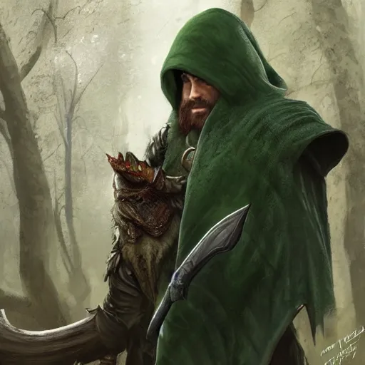 Prompt: a rugged warrior hobbit in leather armor with very short hair and a dark green cloak and dark green hood hiking through the forest with his pet dragon holding a hunting bow, clean shaven, trending on artstation, realistic, detailed, by Tony Sart