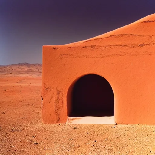 Image similar to a Non-Euclidean orb-like clay building sitting in the desert, vintage photo, beautiful cinematography, blue sky, film grain, extreme wide shot, far away, in the distance, James Turrell