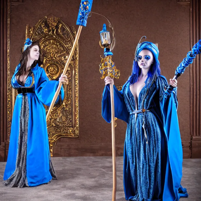 Image similar to photograph of a real-life beautiful electric witch with ornate blue robes and staff. Extremely detailed. 8k