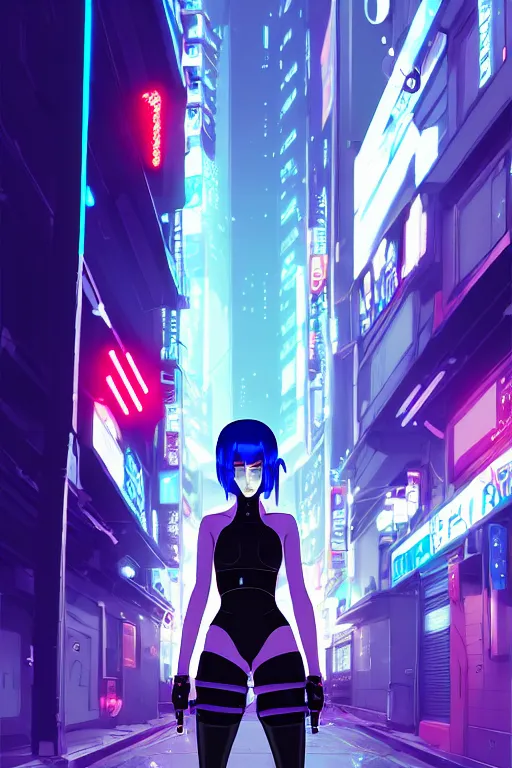 Image similar to digital illustration of cyberpunk pretty girl with blue hair, wearing a black dominatrix outfit, in city street at night, by makoto shinkai, ilya kuvshinov, lois van baarle, rossdraws, basquiat