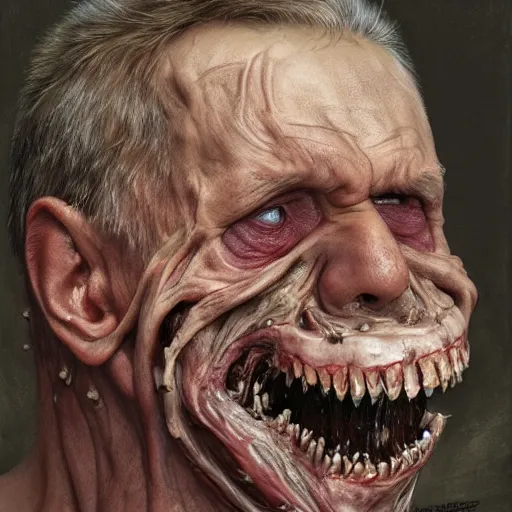 Prompt: a portrait of sergey lavrov, flesh eating worms, macabre, horror saw teeth, horror rotten teeth, peeling face skin, by donato giancola and greg rutkowski and wayne barlow and zdzisław beksinski, realistic face, visible face, digital art, artstation, symmetry