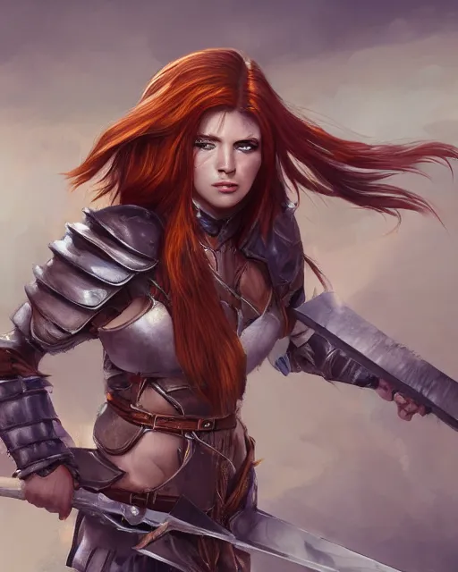 Image similar to a fierce warrior princess, with long auburn hair and functional armor, and a long sword, by steve argyle, trending on cgsociety, artstation, deviantart, digital illustration, concept art, character art