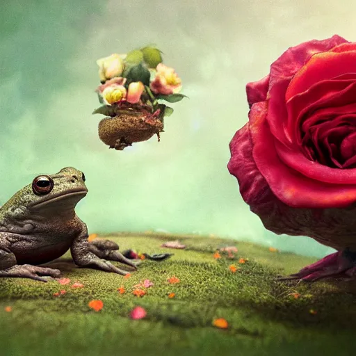 Image similar to soulful long shot of a crazy toad baby sitting in a rose blossom, by esao andrews, by m. w. kaluta, ultra humorous illustration, small depth of field, perspective perception, volumetric light, psychedelic colors, 3 d octane render, 8 k, conceptart, hyperdetailed, hyperrealistic, trending on artstation