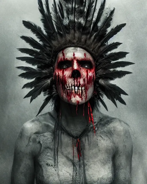 Image similar to the ghost - spirit of the grim - warpaint wears the scarlet skull armor and native blood headdress feathers, midnight fog - mist!, dark oil painting colors, realism, cinematic lighting, various refining methods, micro macro autofocus, ultra definition, award winning photo, photograph by ghostwave - gammell - giger - shadowlord