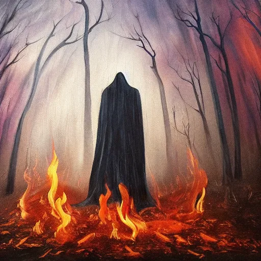 Prompt: ominous bedsheet ghost standing in a burning forest, oil painting, brush strokes, gloomy foggy atmosphere, symmetrical, full body image, highly ornate intricate details,