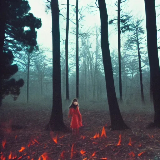 Prompt: film still, extreme far view, anime girls, foggy forest at night, satanic ritual, bonfire, cult, red tint expired film,