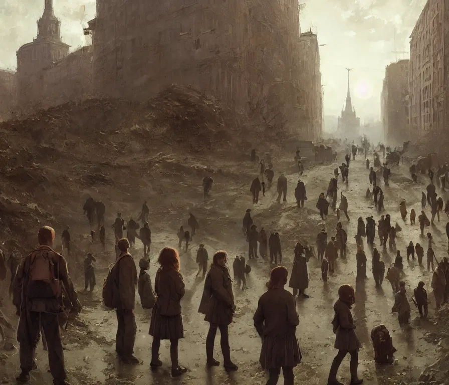 Prompt: queue of 1 9 6 0 s soviet pedestrians against in row wall | one sadie sink in oversized school uniform. film concept art. by greg rutkowski, greg staples, gustave courbet, rosa bonheur, noah bradley. sharp focus, cinematic atmosphere, detailed and intricate, perfect anatomy
