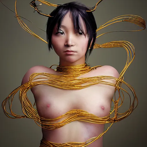 Image similar to An anime female goddess stands for a waist up portrait with her body sightly wrapped in thin gold wire creatively arranged so as to look like Emoji tattoos, in an empty Japanese Shoji home, hyper photo realistic 8K HD HDRI, photo by Annie Leibovitz.