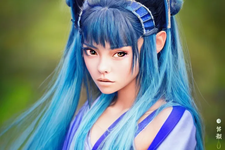 Prompt: highly detailed beautiful photo of madison beer as a young female samurai, practising her sword staces, symmetrical face, beautiful eyes, cobalt blue hair, realistic anime art style, 8 k, award winning photo, pastels colours, action photography, 1 / 1 2 5 shutter speed, sunrise lighting