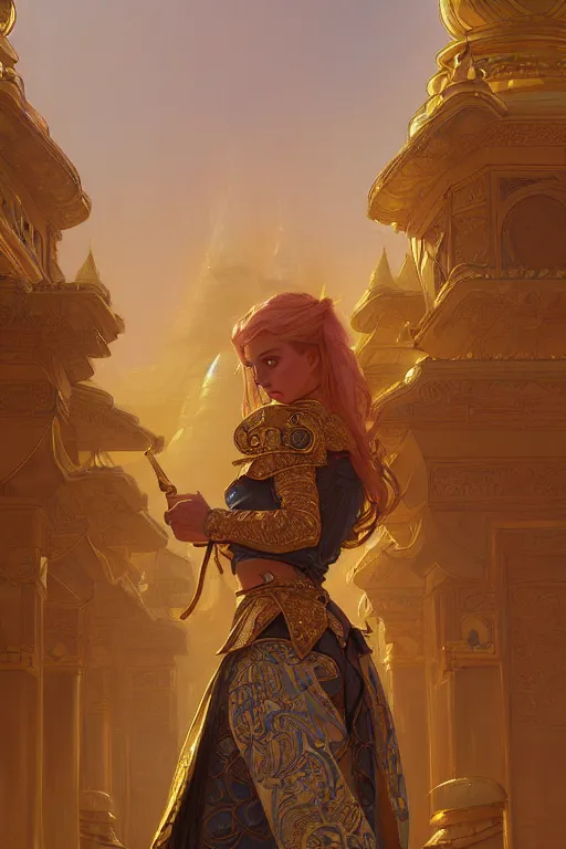 Prompt: painting of a shy shieldmaiden in front of a golden palace, decorated, intricate, elegant, highly detailed, digital painting, artstation, concept art, smooth, sharp focus, illustration, art by artgerm and greg rutkowski and alphonse mucha, 8 k