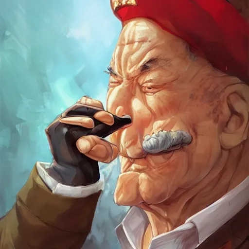 Prompt: An anime portrait of a buff old soldier smoking a cigar, by Stanley Artgerm Lau, WLOP, Rossdraws, James Jean, Andrei Riabovitchev, Marc Simonetti, and Sakimichan, tranding on artstation