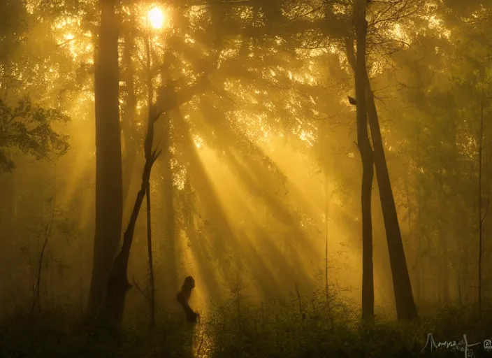 Image similar to misty swamp in early morning, hazy fog, sundown golden hour, firefly wisps, sun rays through trees, Lilia Alvarado, Sophie Anderson, Mark Arian, Bob Byerley, Charlie Bowater, Mark Brooks, Steve Henderson, Justin Gerard, Arthur Hughes, Edward Robert Hughes, Mark Keathley, Victor Nizovtsev, Carlos Shwabe, Ross Tran, WLOP