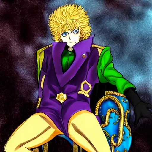 Image similar to dio from jojo's bizarre adventure sitting on a throne, stardust crusaders still