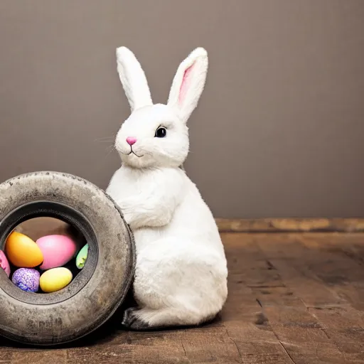 Image similar to a cute easter bunny sitting on a tire, studio photo, high quality