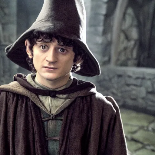 Image similar to frodo baggins wearing the sorting hat, in hogwarts, cinematic