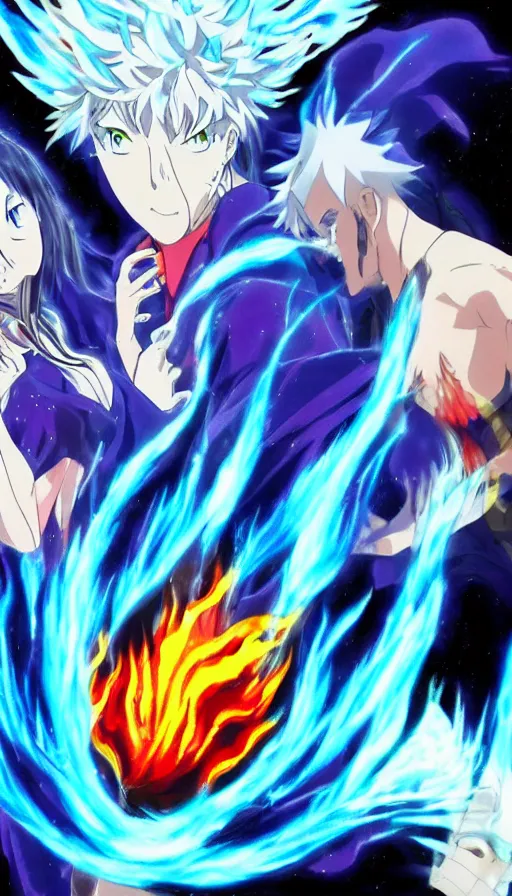 Image similar to a high quality anime still of fire and water mixing together, conveying a sense of balance inspired by the Temperance tarot card,