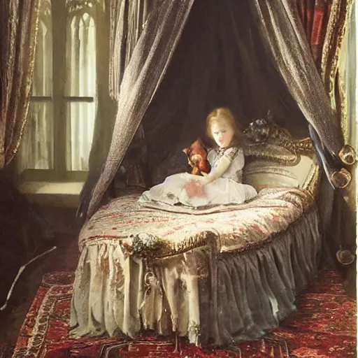 Image similar to a beautiful victorian girl child holding her pet monster in her gothic bedroom with canopy bed, detailed matte painting by omar rayyan, 8k