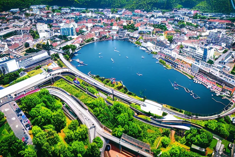 Image similar to bird's eye view photography of a small city. town hall, central farm, monorail station, beach and harbor. hills, woods and lake to the north.