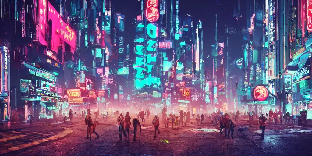 Image similar to a cyberpunk style busy city Main Street with neon signs, stormy weather, futuristic flying cars, and many people