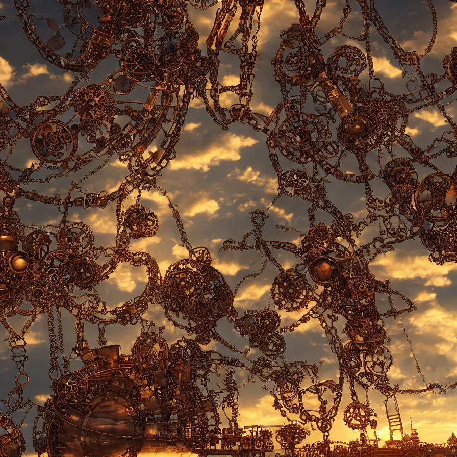 Prompt: steampunk blimp high in the sky, clouds, copper cogwheels, cogwheels, copper pipes, steam, dense, valves, pipes, vents, copper chains, golden hour, golden sun, fantasy world, award winning photography, 8 k, highly detailed