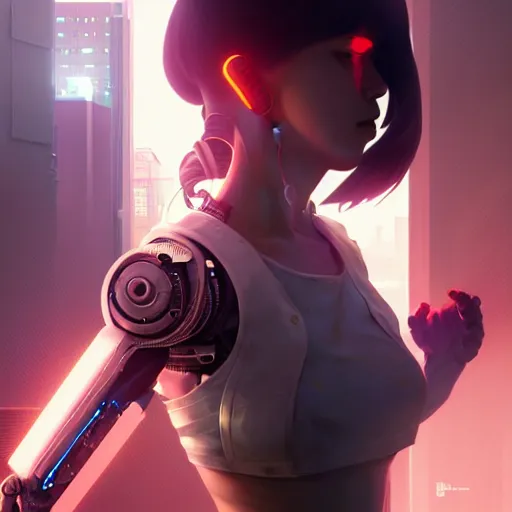 Image similar to realistic render of a cyborg - girl tearing off an arm by ross draws, futuristic dystopian city by ilya kuvshinov, digital anime art by ross tran, extreme intricate details, composition by sana takeda, cinematic lighting by greg rutkowski