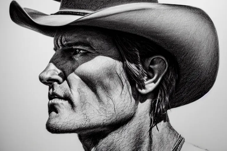 Image similar to hyperrealist pencil sketch of a cowboy by david malan, fantasy art, drawing, dynamic lighting, artstation, poster, volumetric lighting, very detailed faces, 4 k, award winning