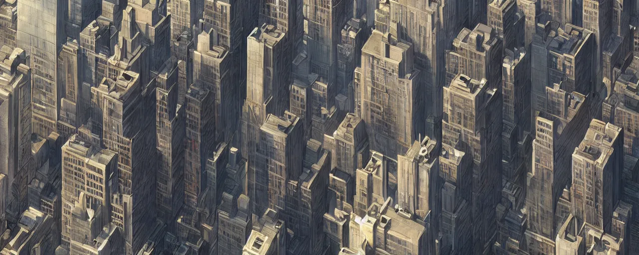 Image similar to concept art of new york city blocks. aerial. architecture. cinematic lighting. photorealistic. trending on artstation. cgsociety. art by greg rutkowski and william o'connor