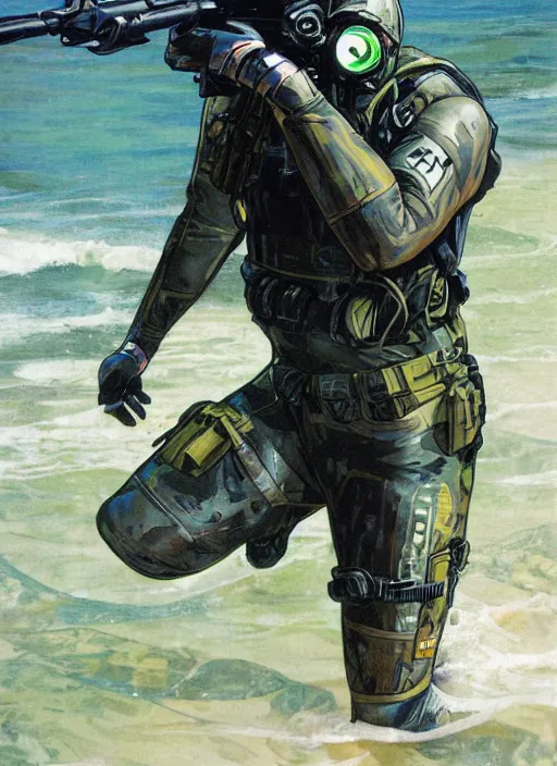 Image similar to Dinah. USN blackops operator emerging from water at the shoreline. Operator wearing Futuristic wetsuit and looking at an abandoned shipyard. Frogtrooper. rb6s, MGS, and splinter cell Concept art by James Gurney, Alphonso Mucha. Vivid color scheme.