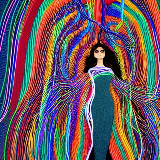 Prompt: woman in a long, flowing dress made of multi-colored wires and cables