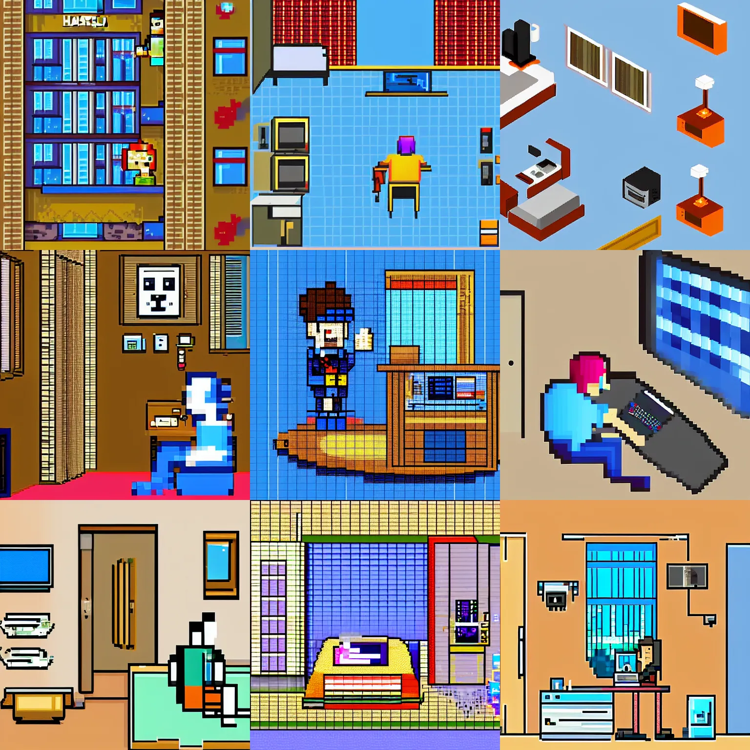 Prompt: hacker in a hotel room, pixel art