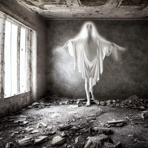 Prompt: a ethereal phantom floating over the old abandoned floor of a ancient house