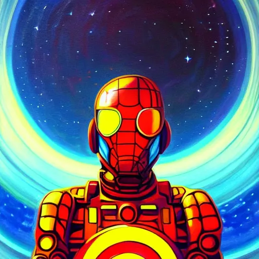 Image similar to marvel mech spaceman superhero with cape and magic spells surfing, isometric scifi astral spirit space journey in oil painting, pulled into the spiral vortex, trending on artstation, award winning, emotional, highly detailed ethereal isometric surrealist art